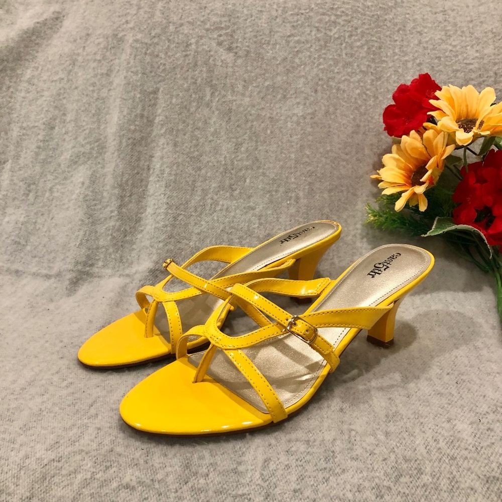 NWT - East 5th Bright Yellow Patent Multi-Strap Heeled Sandals